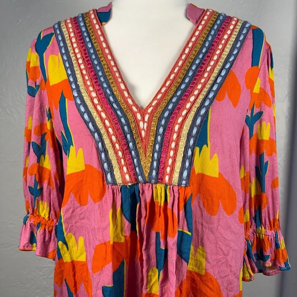 Blank London Floral V-Neck Blouse Medium Pink Orange Embroidered Boho Tunic Top